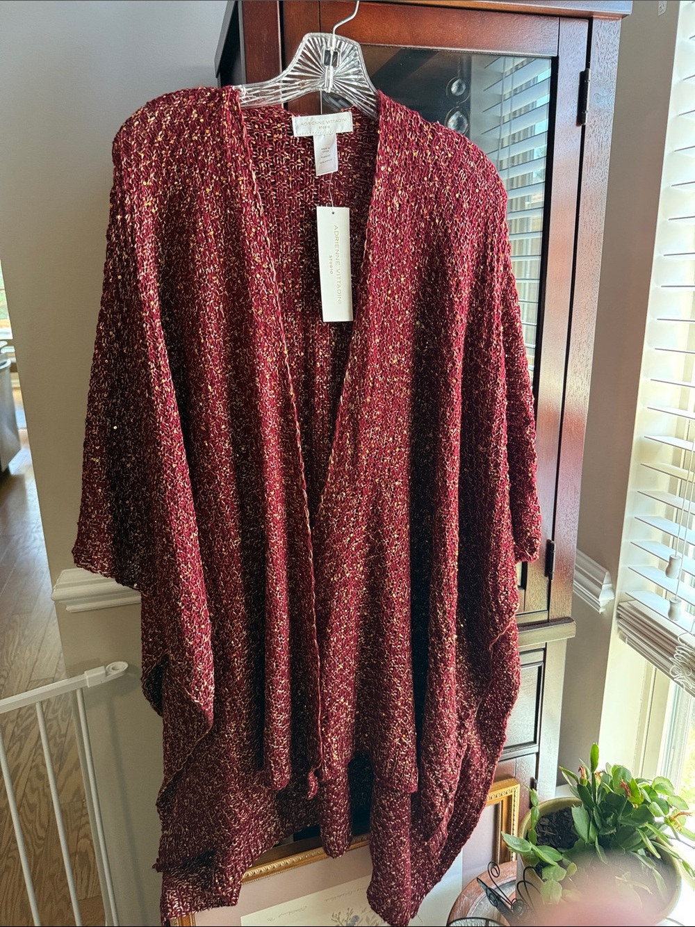Adrienne Vittadini Burgundy Knit Cardigan with Gold Sequin